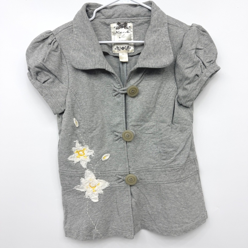 Nick & Mo Floral Embroidered Short Sleeve Jacket Womens XL Gray